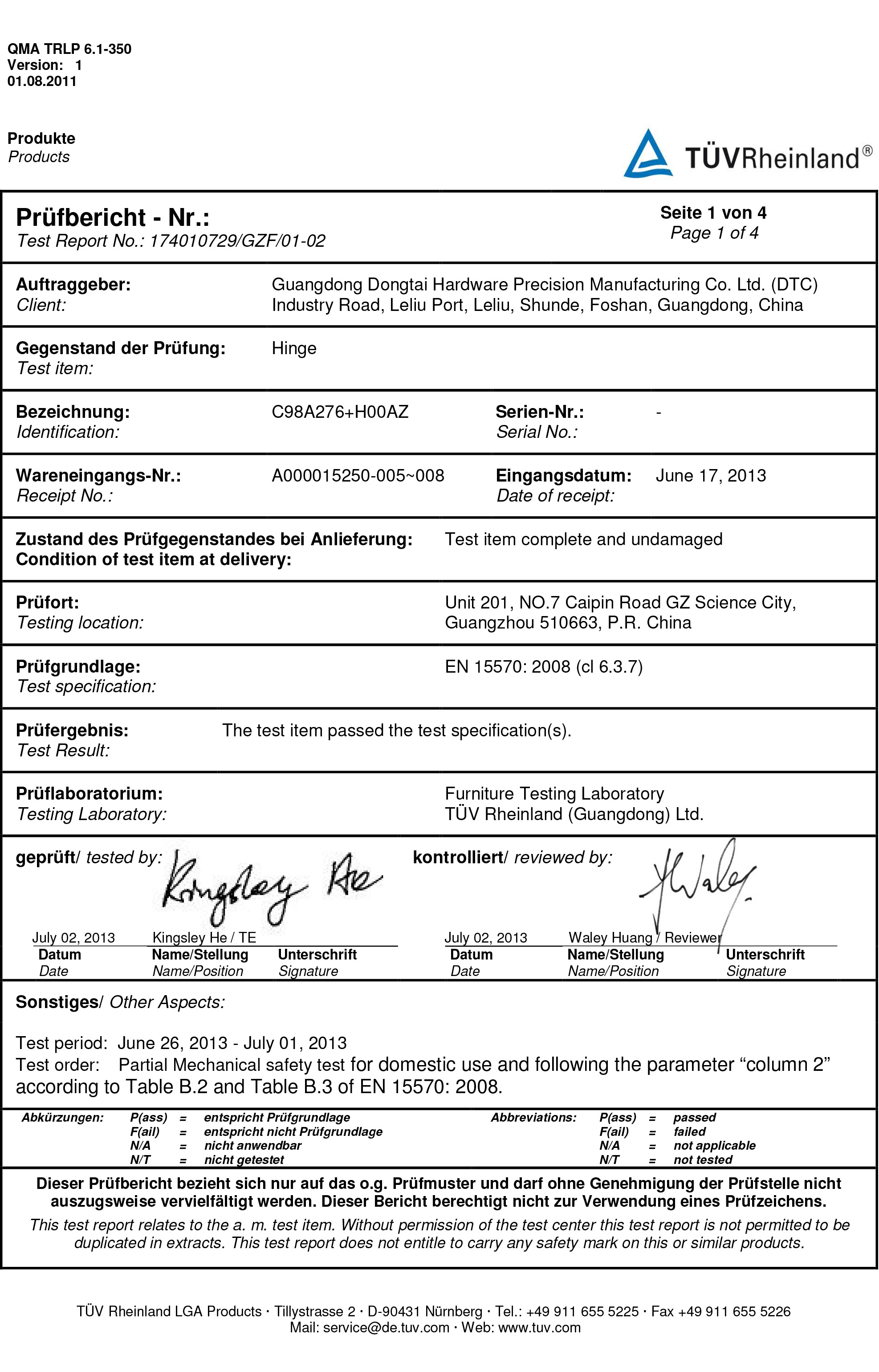 LGA TEST REPORT FOR C98A276  